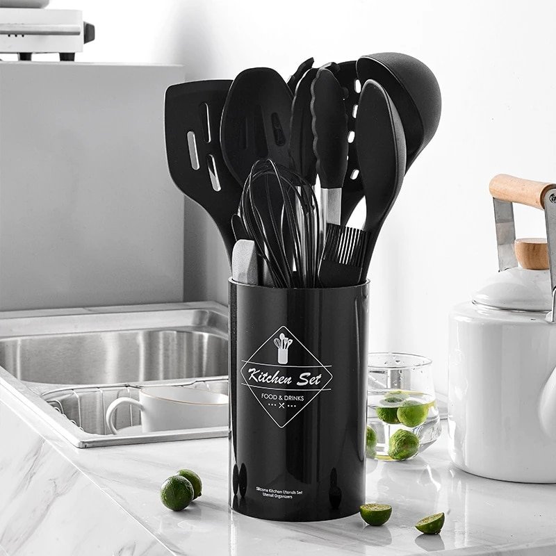 Set de 14 Ustensiles de Cuisine en Silicone avec Manche en Acier Inoxydable