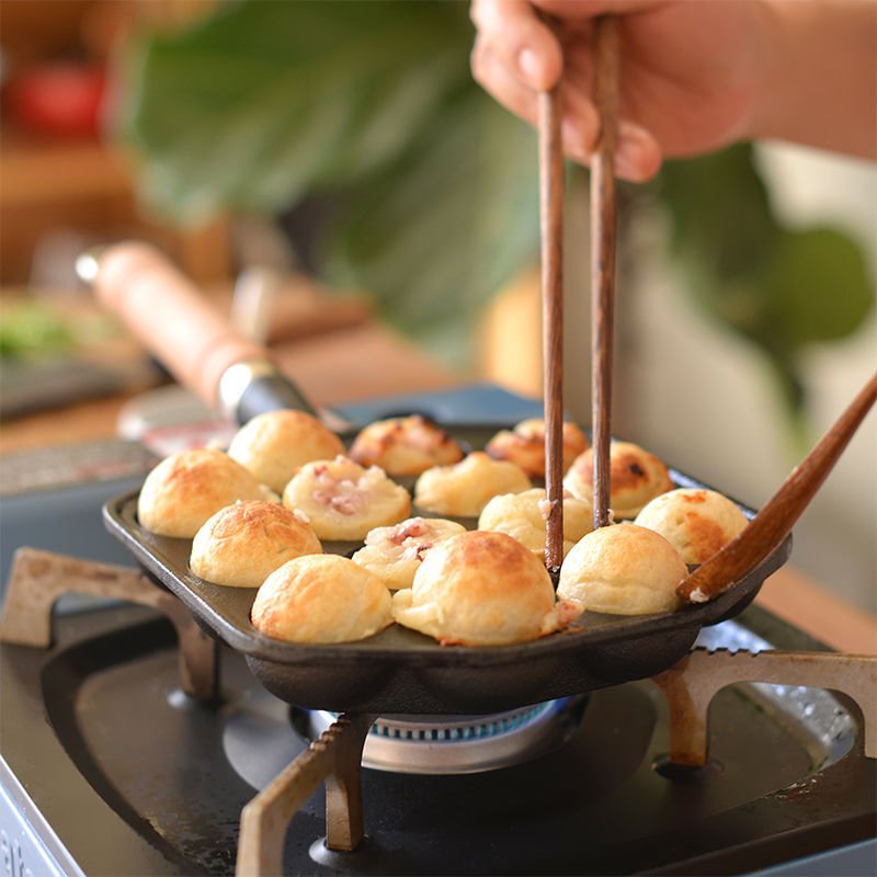 Poêle à Takoyaki en Fonte avec Poignée en Bois