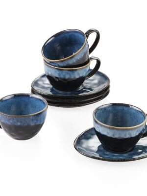 Ensemble de Tasses et Soucoupes en Céramique Bleu Étoilé pour 4 Personnes VANCASSO