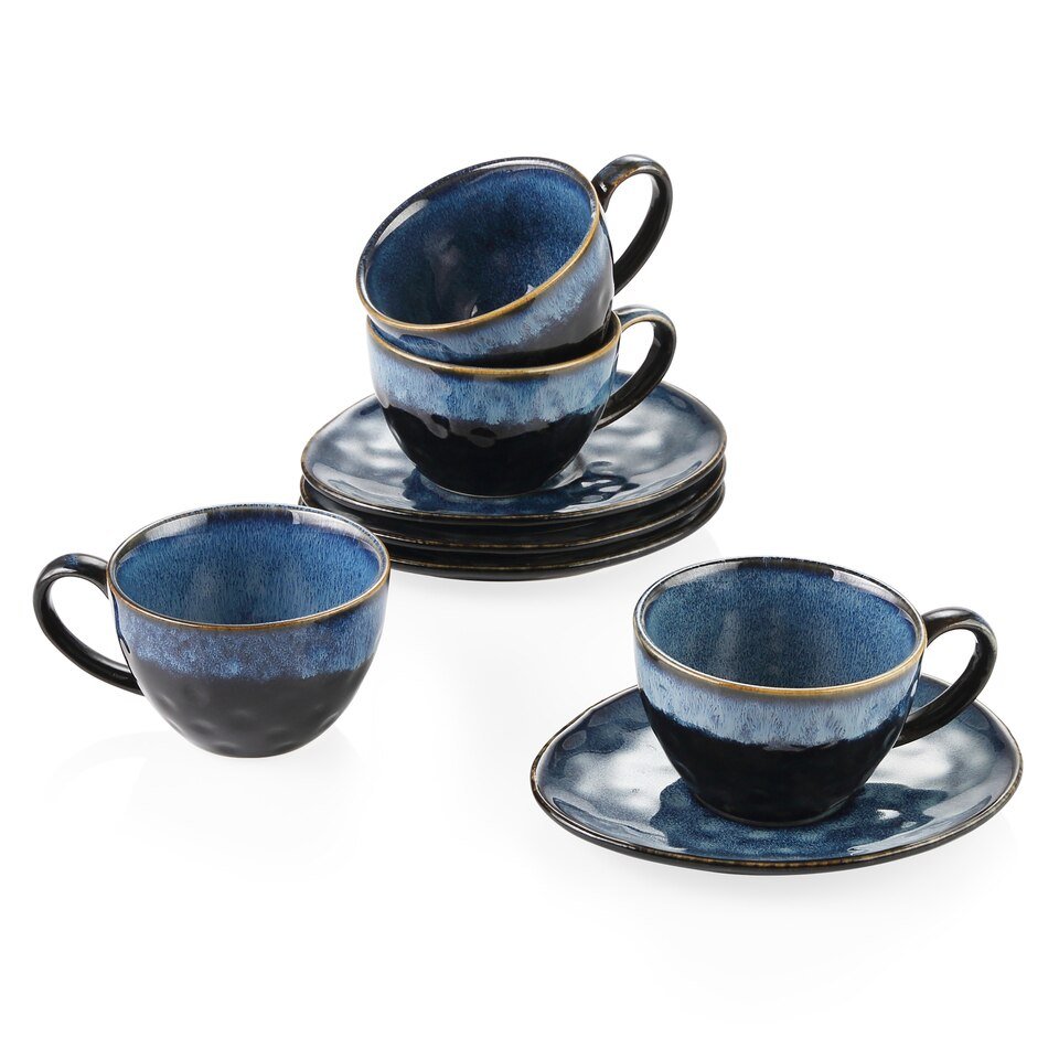 Ensemble de Tasses et Soucoupes en Céramique Bleu Étoilé pour 4 Personnes VANCASSO