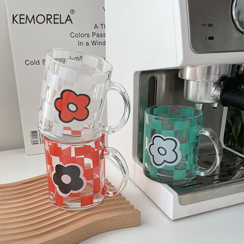 Tasse à Café en Verre à Motif Floral et Damier - 1