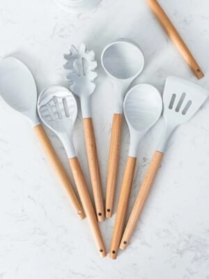 Kit d'Ustensiles de Cuisine en Silicone avec Manche en Bois