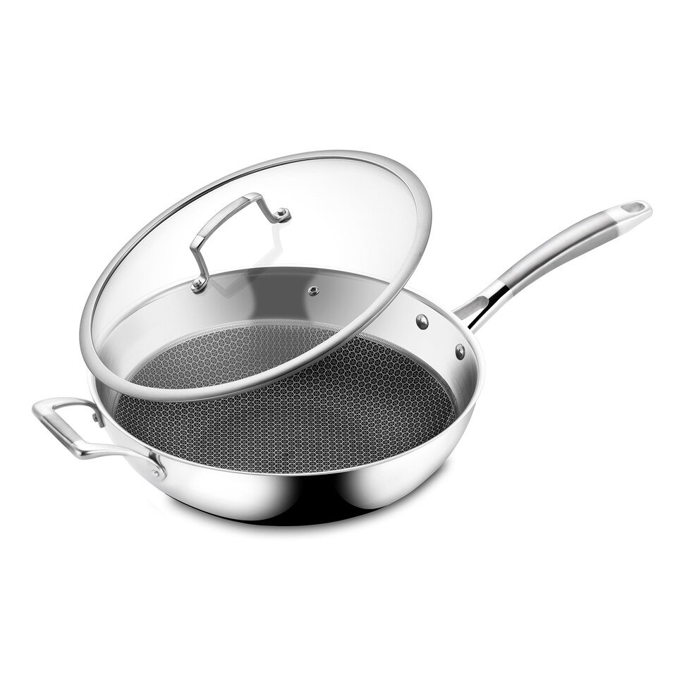 Wok en Acier Inoxydable avec Couvercle en Verre et Poignées Velaze Cook Standard